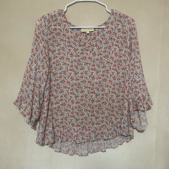 Cynthia Rowley women's S 100% viscose rose print ruffle sleeve & hem top EUC - Picture 2 of 7